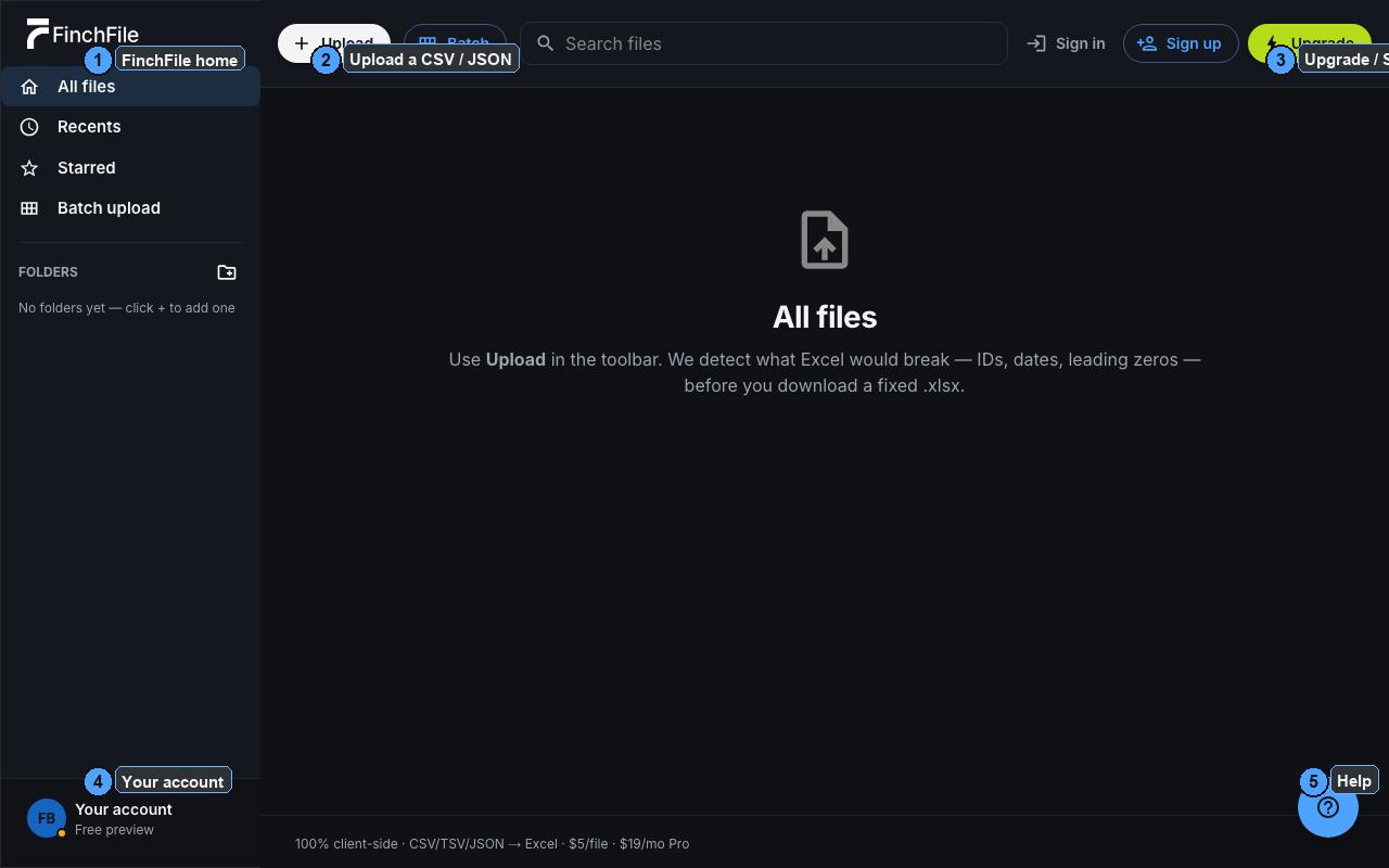 Annotated FinchFile home screen